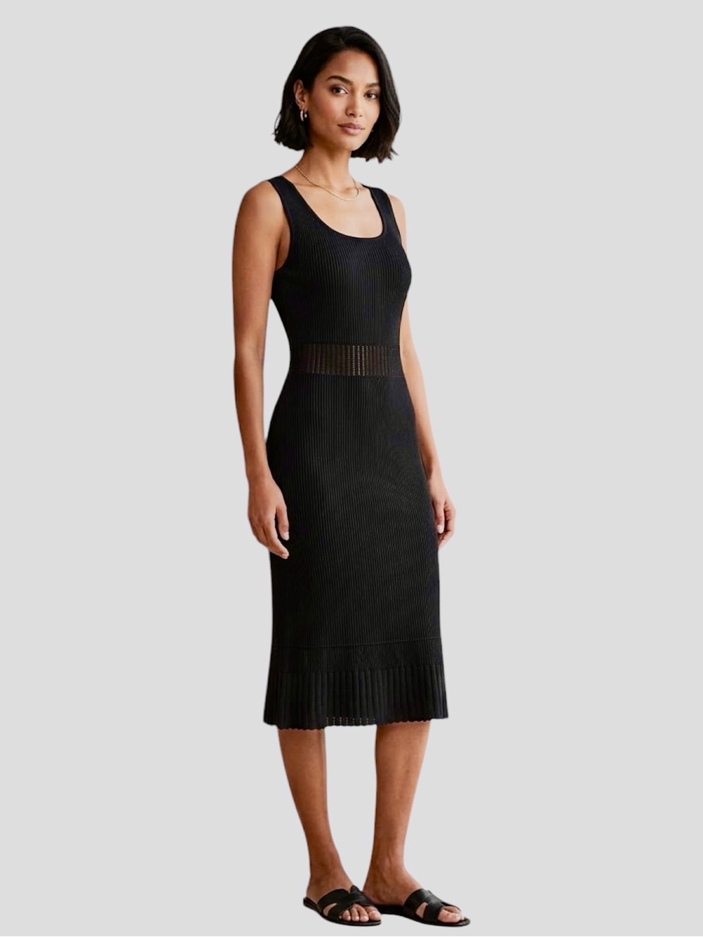 Vintage ESCADA Black Knit Sleeveless Ribbed Waist Detail Midi Dress Size Medium